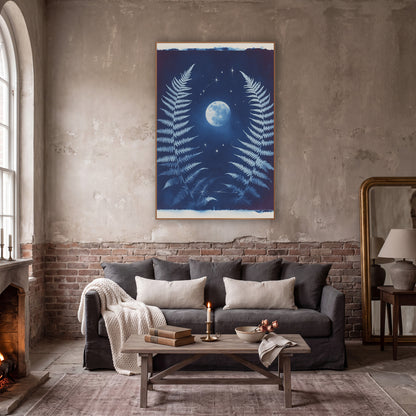 Twin Ferns Full Moon Celestial wall art in a moody dark academia room – two pale blue fern fronds frame a glowing full