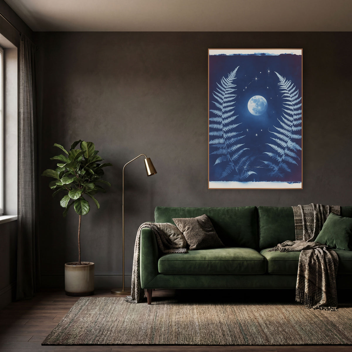 Twin Ferns Full Moon Celestial wall art in a moody dark academia room – two pale blue fern fronds frame a glowing full