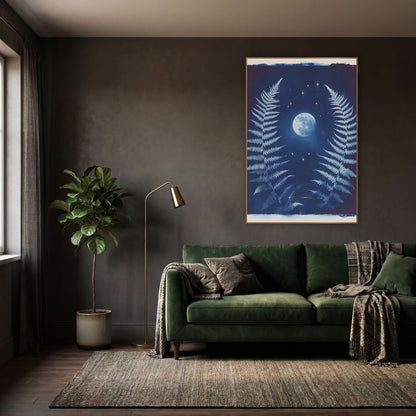 Twin Ferns Full Moon Celestial wall art in a moody dark academia room – two pale blue fern fronds frame a glowing full