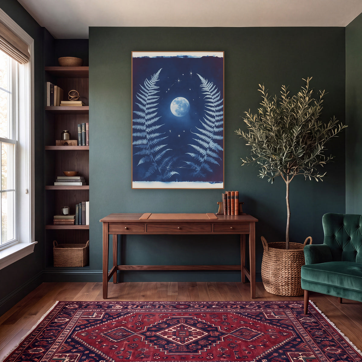 Twin Ferns Full Moon Celestial wall art in a moody dark academia room – two pale blue fern fronds frame a glowing full