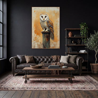 Sunburst Barn Owl Front Facing Boho wall art in a moody dark academia room – barn owl with a white heart-shaped face