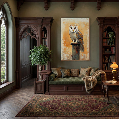 Sunburst Barn Owl Front Facing Boho wall art in a moody dark academia room – barn owl with a white heart-shaped face
