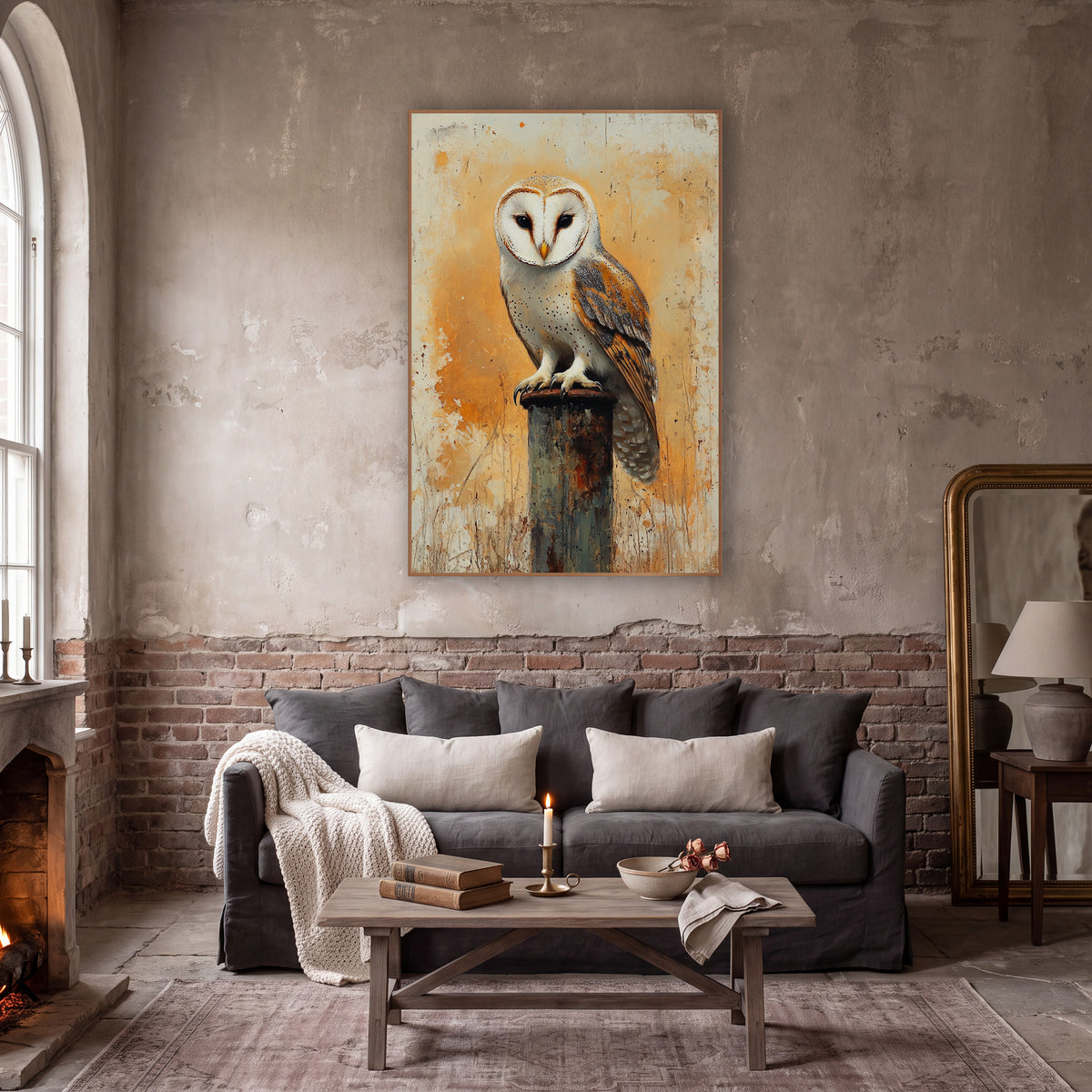 Sunburst Barn Owl Front Facing Boho wall art in a moody dark academia room – barn owl with a white heart-shaped face