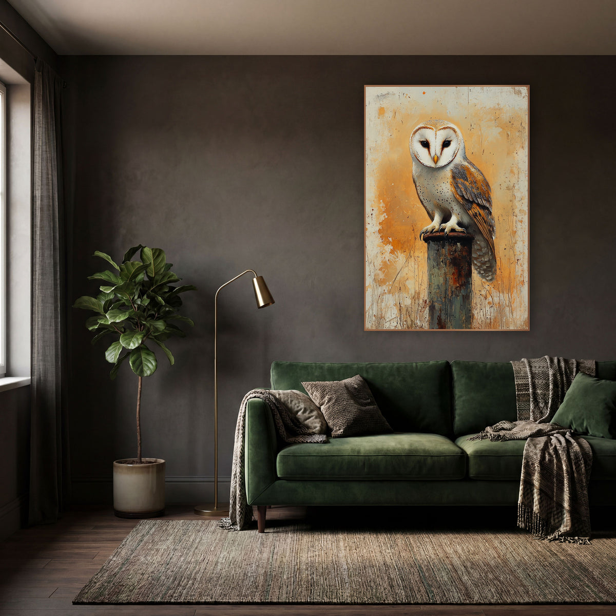 Sunburst Barn Owl Front Facing Boho wall art in a moody dark academia room – barn owl with a white heart-shaped face