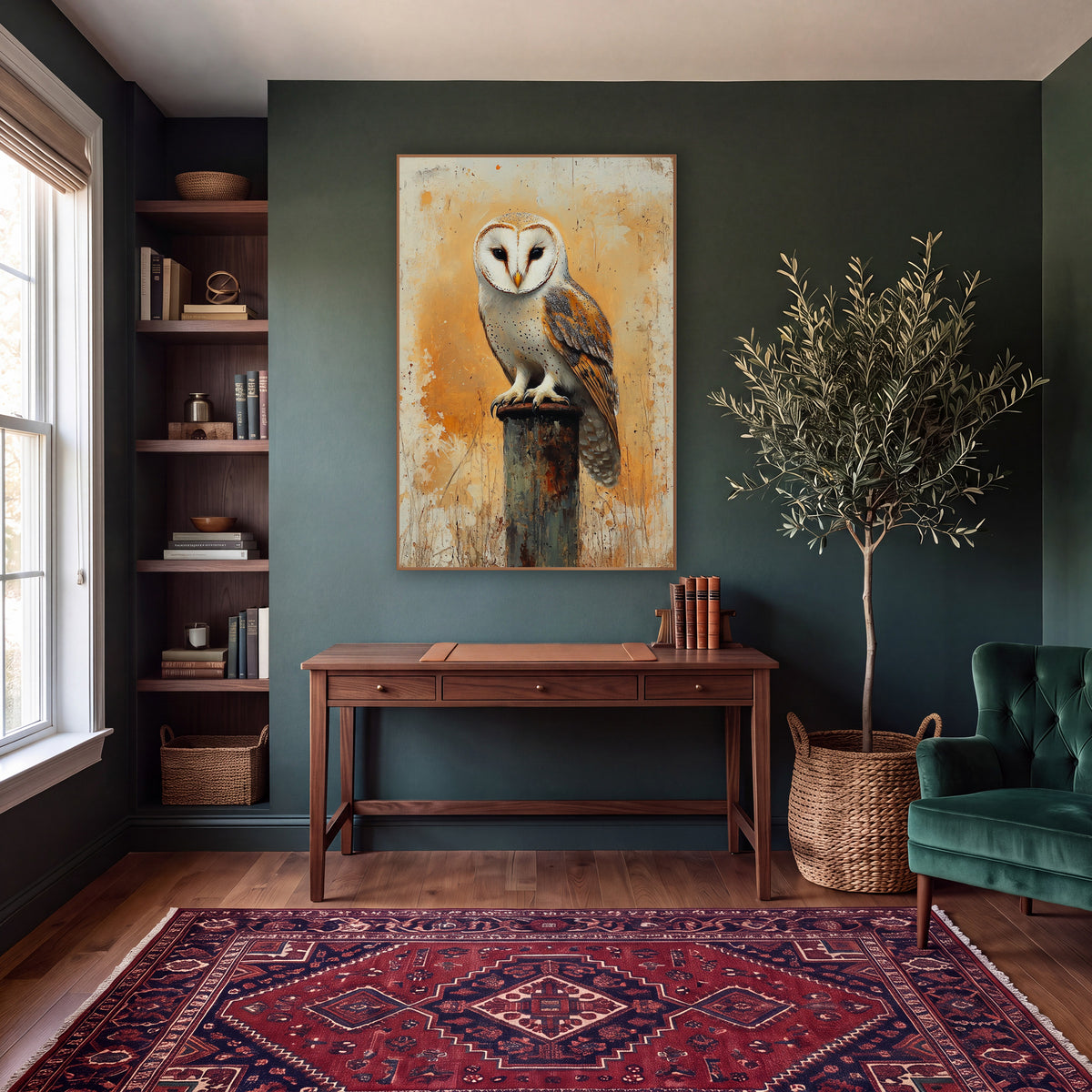 Sunburst Barn Owl Front Facing Boho wall art in a moody dark academia room – barn owl with a white heart-shaped face