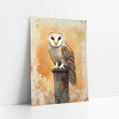 Sunburst Barn Owl Front Facing Boho art print leaning against a white wall – barn owl with a white heart-shaped face perched