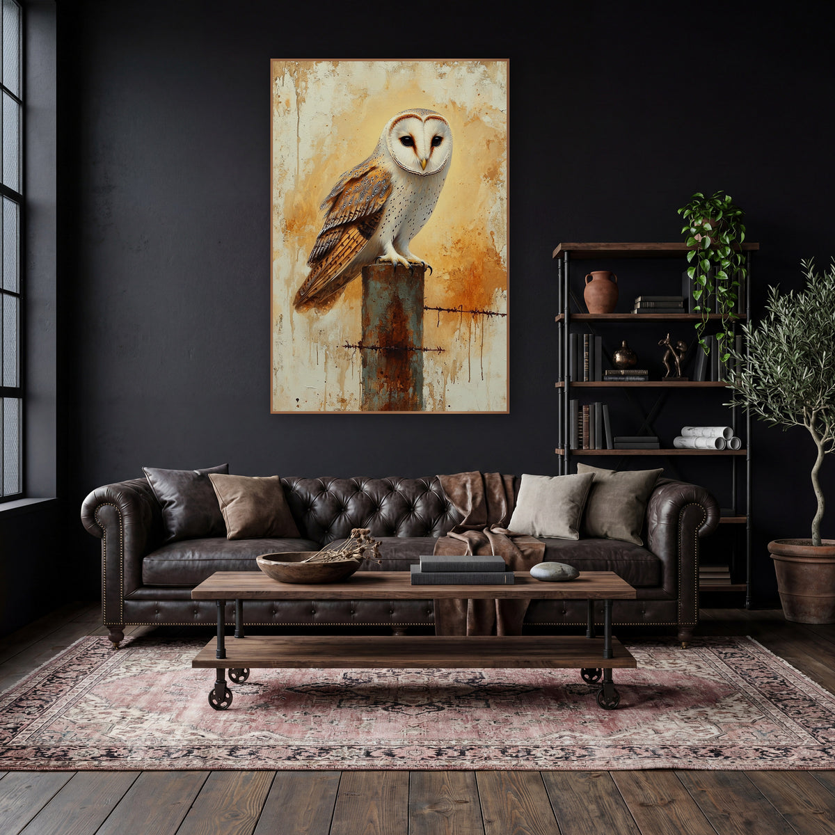 Barbed Wire Barn Owl Profile Rustic wall art in a moody dark academia room – barn owl with a pale heart-shaped face