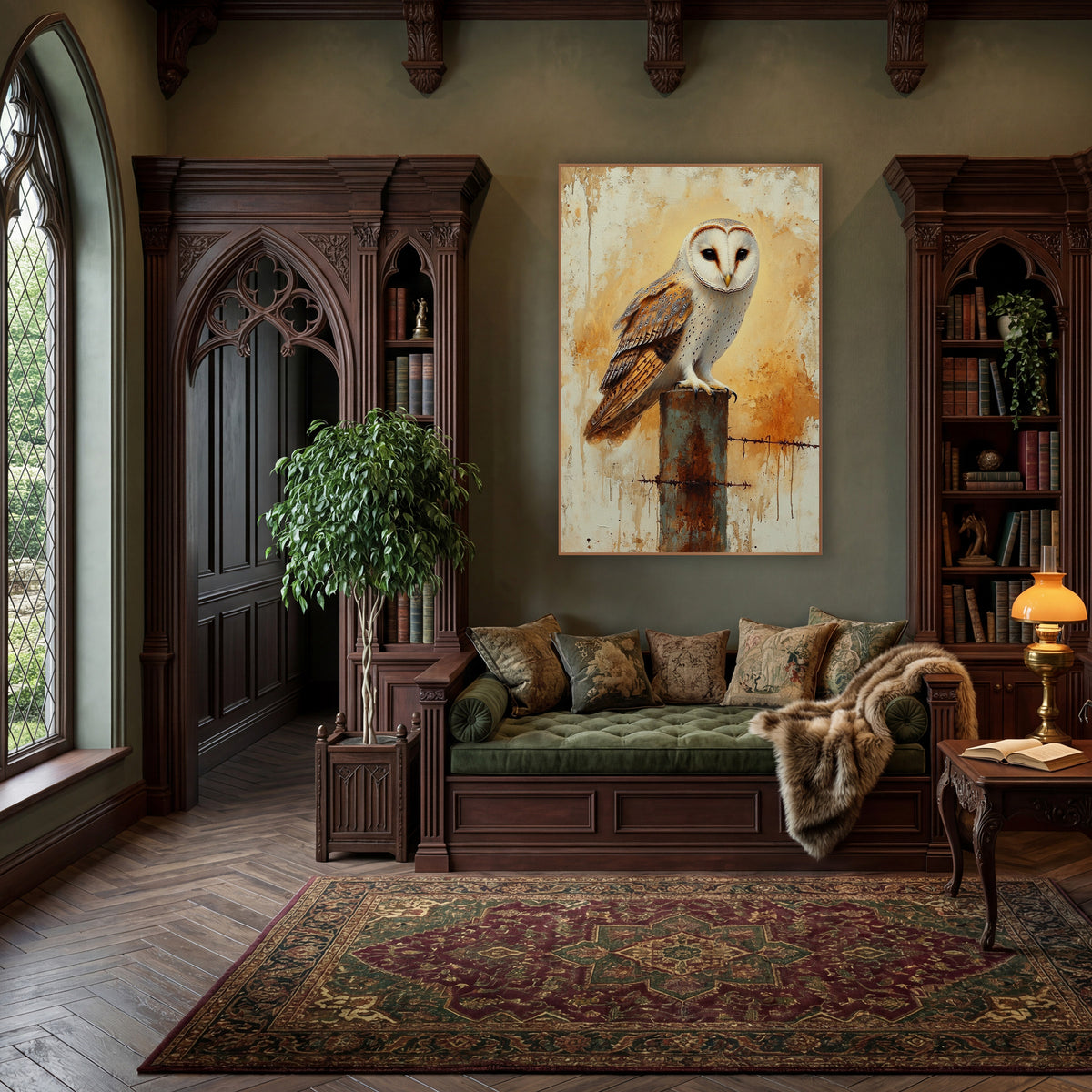 Barbed Wire Barn Owl Profile Rustic wall art in a moody dark academia room – barn owl with a pale heart-shaped face