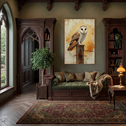 Barbed Wire Barn Owl Profile Rustic wall art in a moody dark academia room – barn owl with a pale heart-shaped face