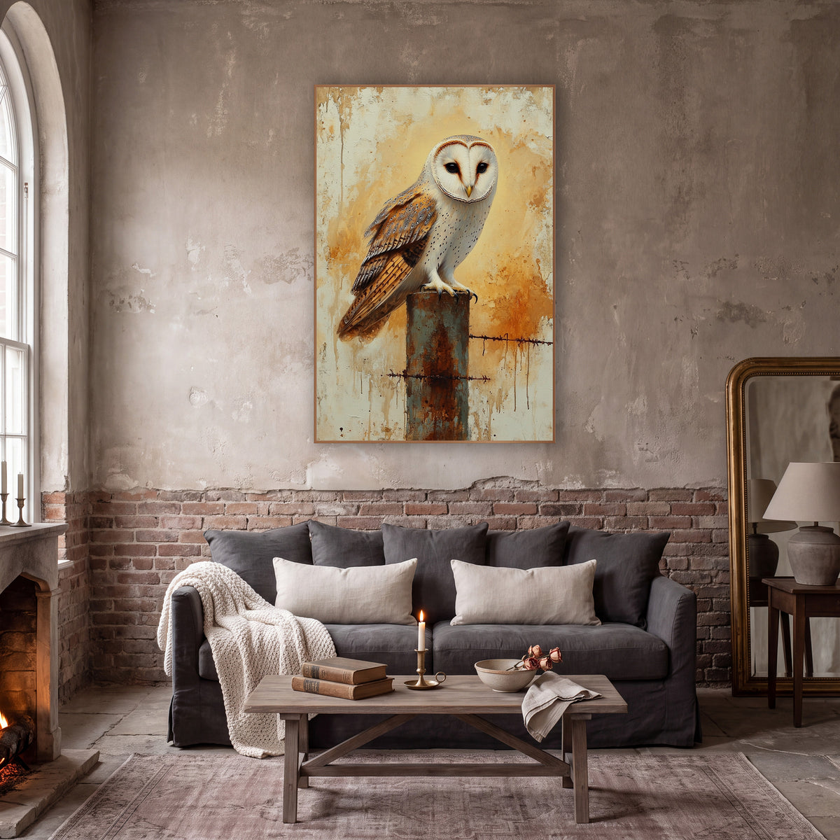 Barbed Wire Barn Owl Profile Rustic wall art in a moody dark academia room – barn owl with a pale heart-shaped face