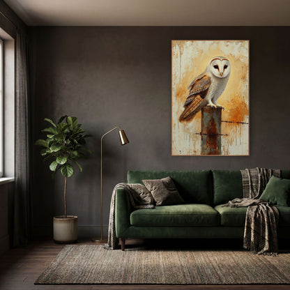 Barbed Wire Barn Owl Profile Rustic wall art in a moody dark academia room – barn owl with a pale heart-shaped face