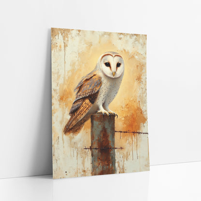 Barbed Wire Barn Owl Profile Rustic art print leaning against a white wall – barn owl with a pale heart-shaped face