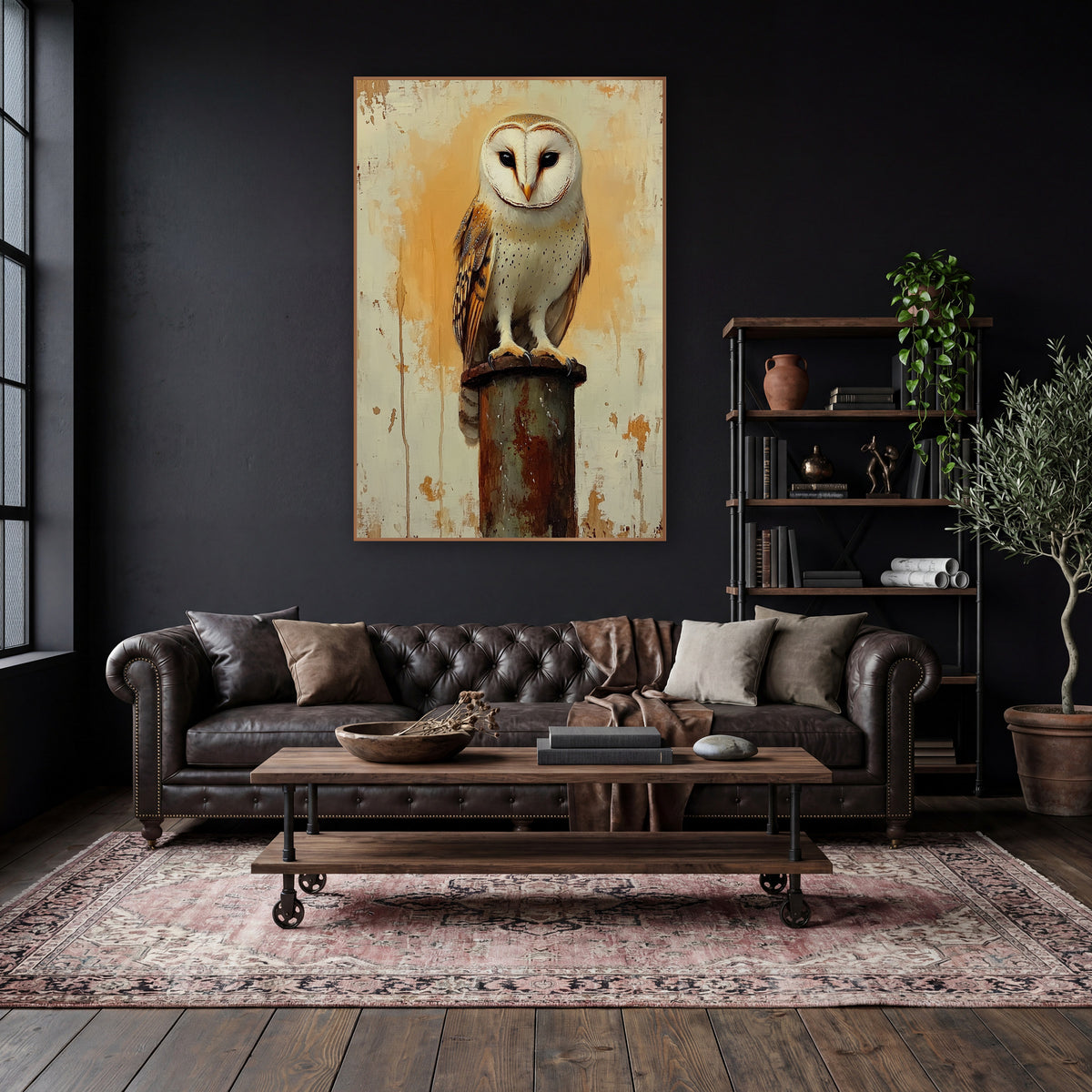 Peeling Wall Barn Owl Farmhouse wall art in a moody dark academia room – barn owl with a white heart-shaped face