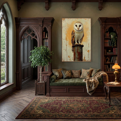 Peeling Wall Barn Owl Farmhouse wall art in a moody dark academia room – barn owl with a white heart-shaped face