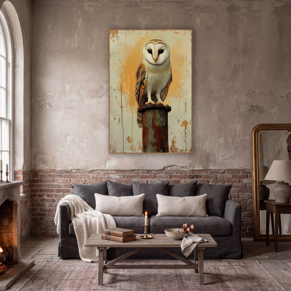 Peeling Wall Barn Owl Farmhouse wall art in a moody dark academia room – barn owl with a white heart-shaped face