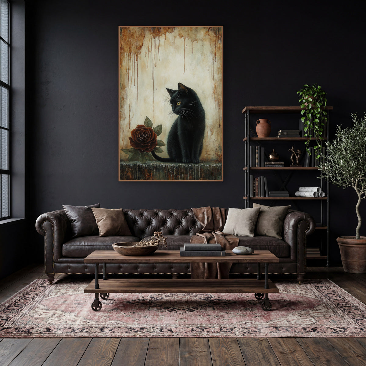 Black Cat Glancing Rust Rose Gothic wall art in a moody dark academia room – black cat with yellow eyes sitting