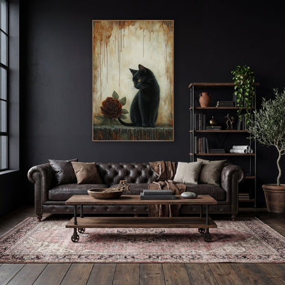 Black Cat Glancing Rust Rose Gothic wall art in a moody dark academia room – black cat with yellow eyes sitting