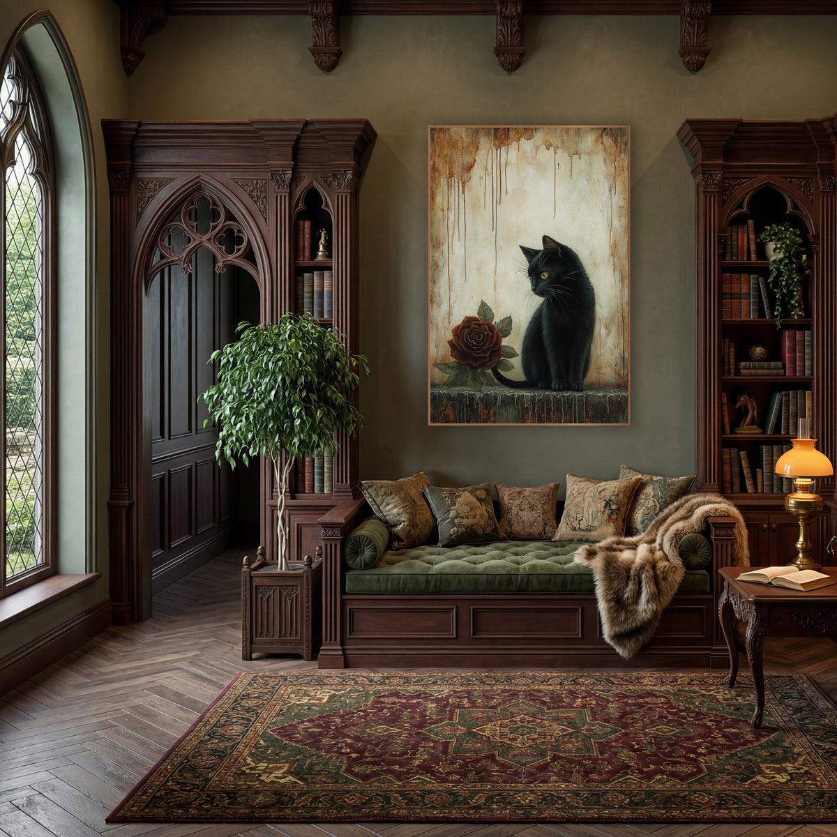 Black Cat Glancing Rust Rose Gothic wall art in a moody dark academia room – black cat with yellow eyes sitting