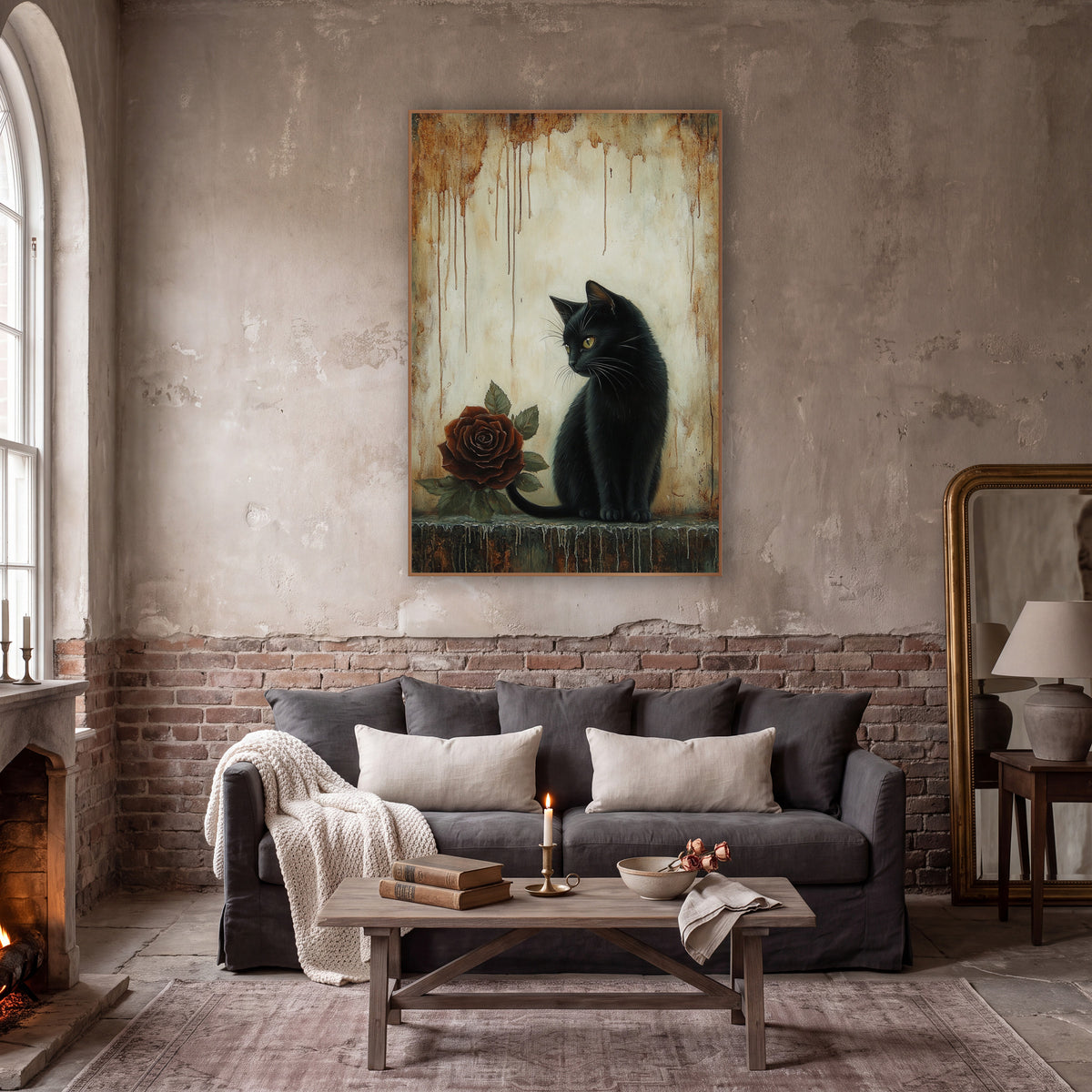 Black Cat Glancing Rust Rose Gothic wall art in a moody dark academia room – black cat with yellow eyes sitting