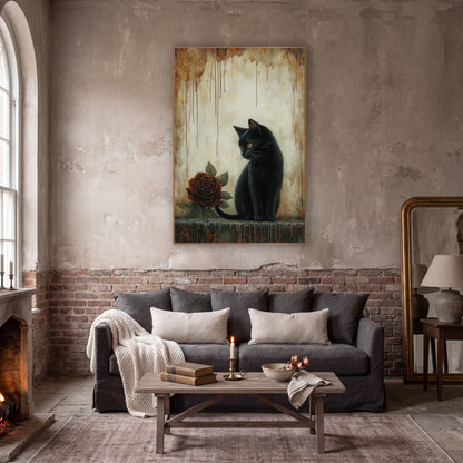 Black Cat Glancing Rust Rose Gothic wall art in a moody dark academia room – black cat with yellow eyes sitting