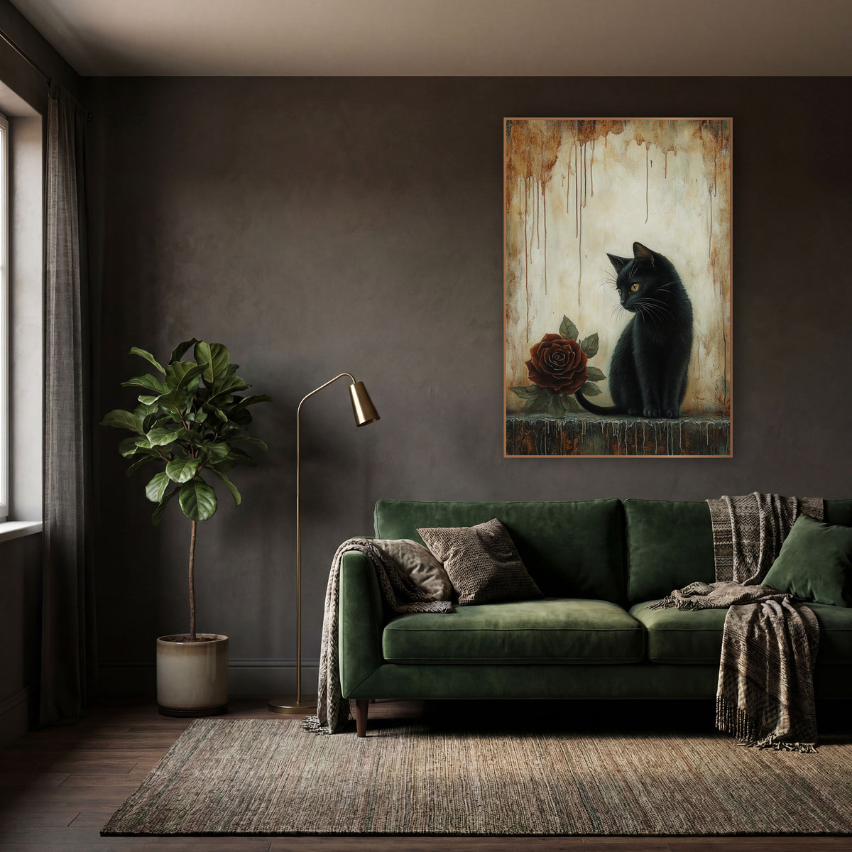 Black Cat Glancing Rust Rose Gothic wall art in a moody dark academia room – black cat with yellow eyes sitting