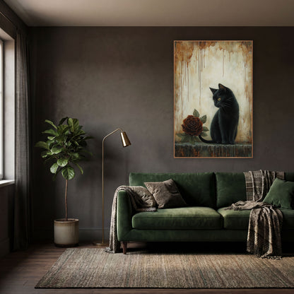Black Cat Glancing Rust Rose Gothic wall art in a moody dark academia room – black cat with yellow eyes sitting