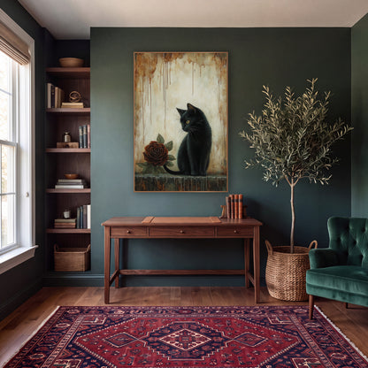 Black Cat Glancing Rust Rose Gothic wall art in a moody dark academia room – black cat with yellow eyes sitting