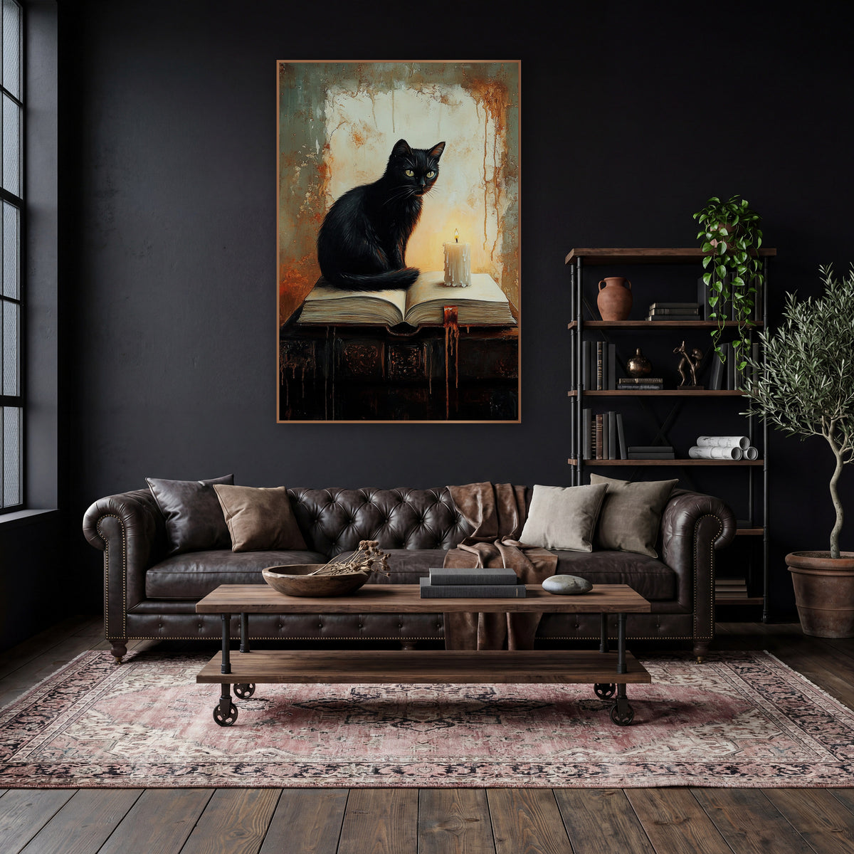 Black Cat Candle Dark Academia wall art in a moody dark academia room – black cat with yellow-green eyes sitting