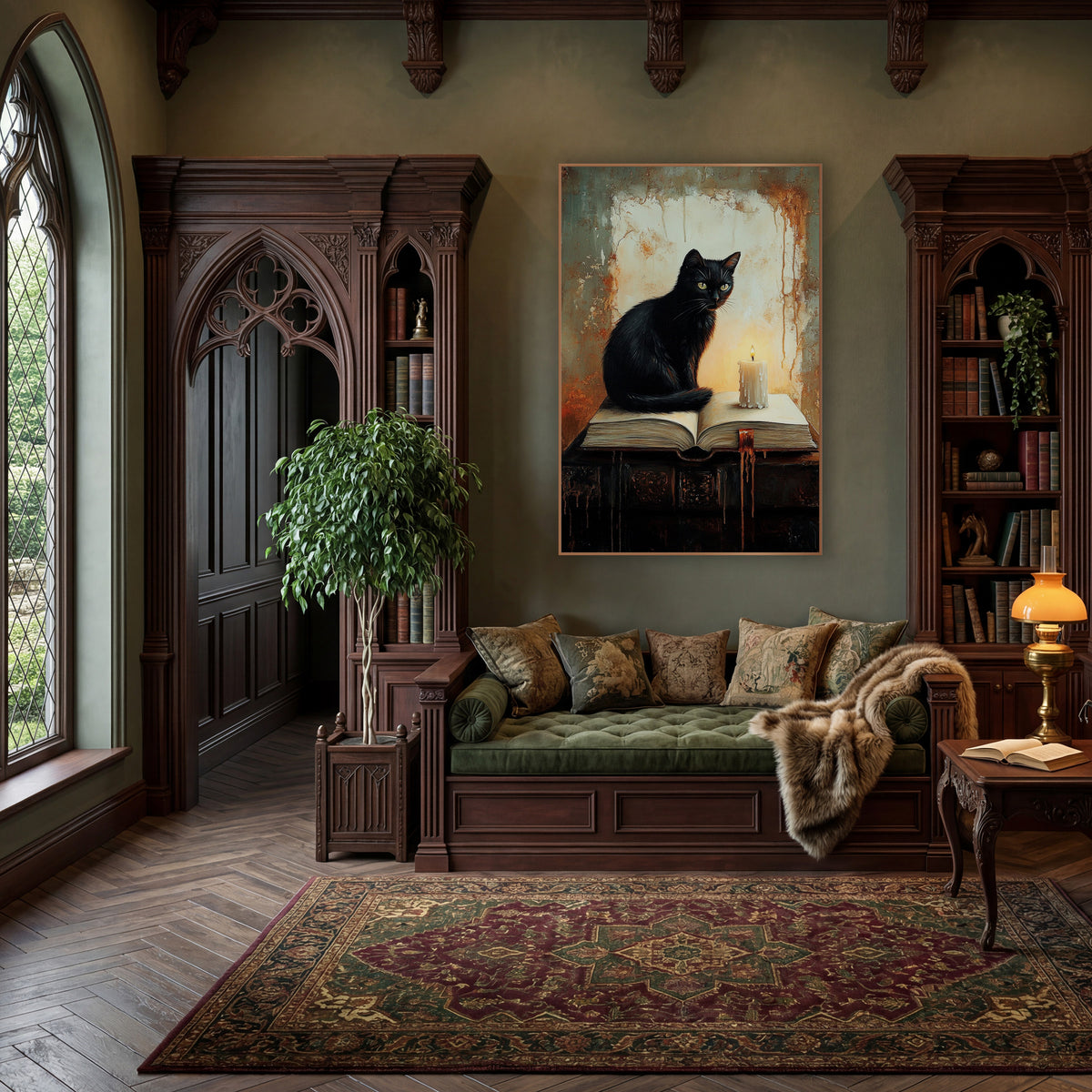 Black Cat Candle Dark Academia wall art in a moody dark academia room – black cat with yellow-green eyes sitting