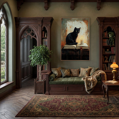 Black Cat Candle Dark Academia wall art in a moody dark academia room – black cat with yellow-green eyes sitting