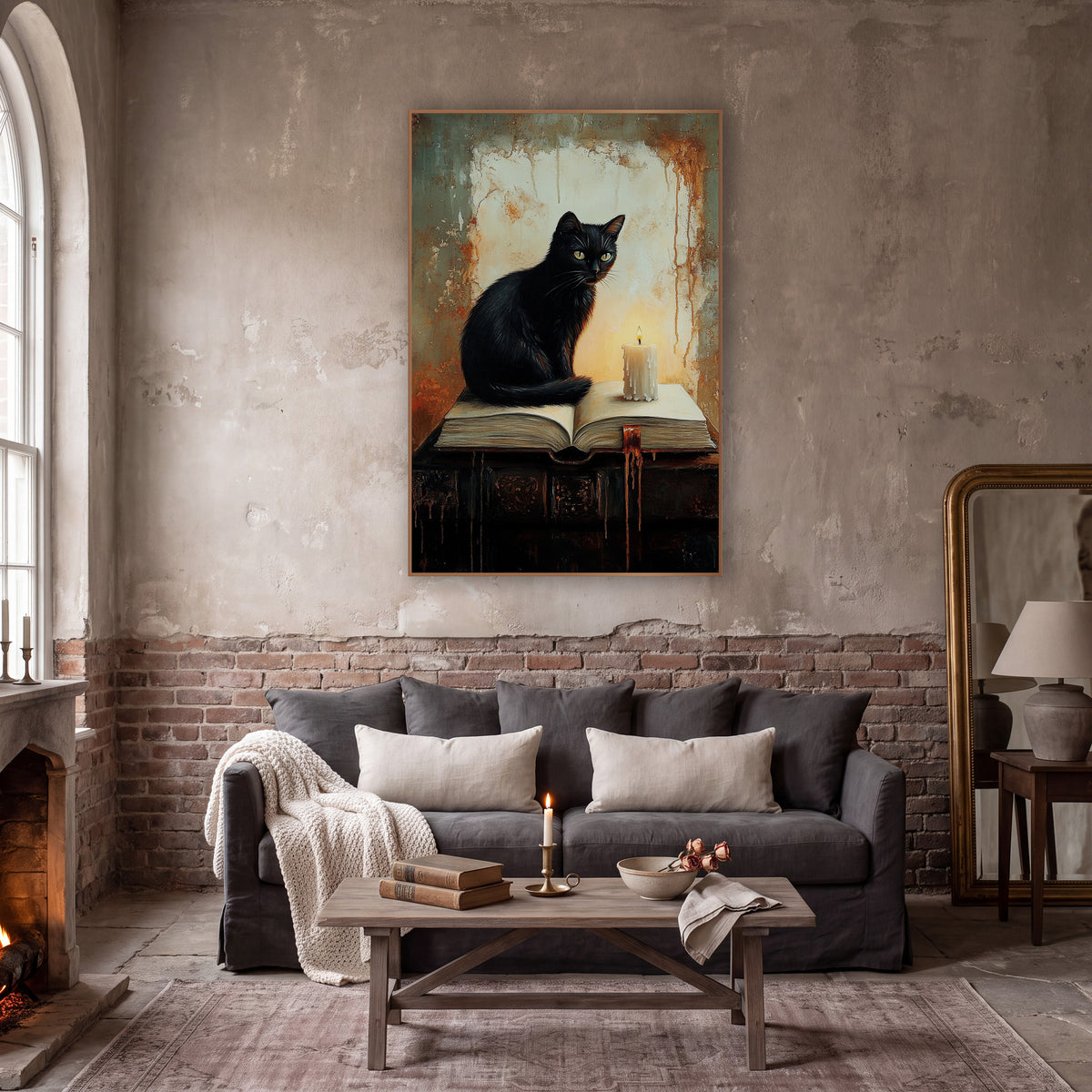 Black Cat Candle Dark Academia wall art in a moody dark academia room – black cat with yellow-green eyes sitting