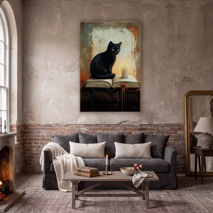 Black Cat Candle Dark Academia wall art in a moody dark academia room – black cat with yellow-green eyes sitting