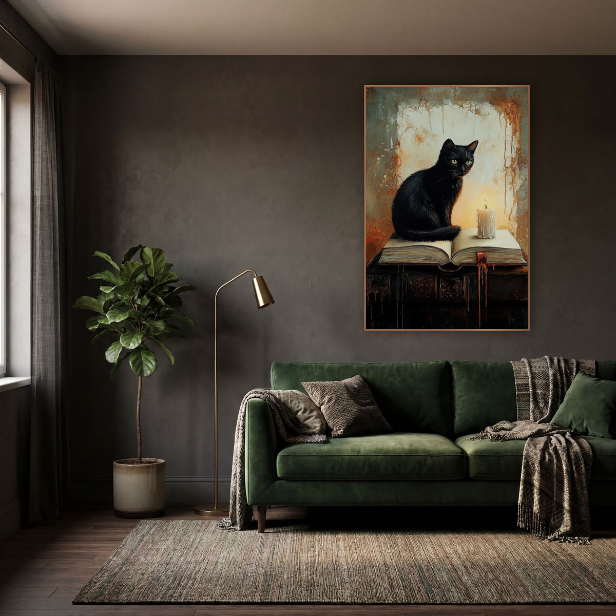Black Cat Candle Dark Academia wall art in a moody dark academia room – black cat with yellow-green eyes sitting