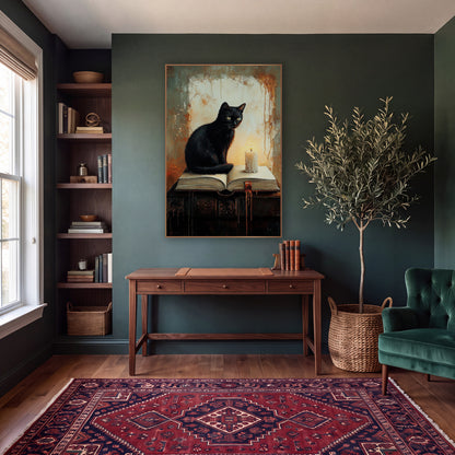 Black Cat Candle Dark Academia wall art in a moody dark academia room – black cat with yellow-green eyes sitting
