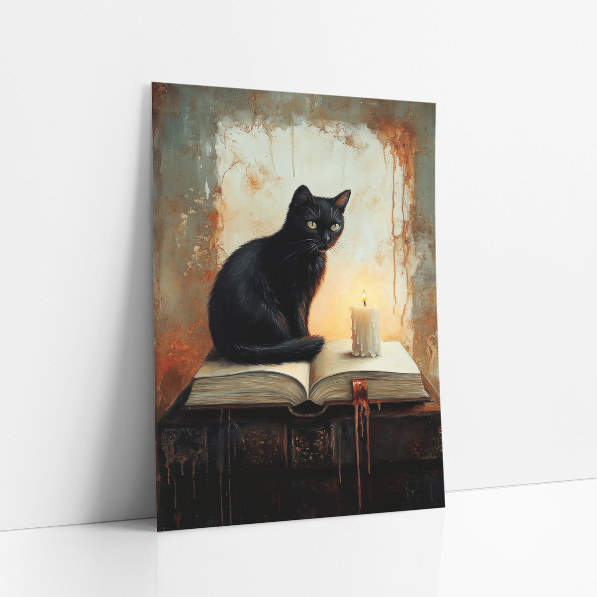 Black Cat Candle Dark Academia art print leaning against a white wall – black cat with yellow-green eyes sitting on an open