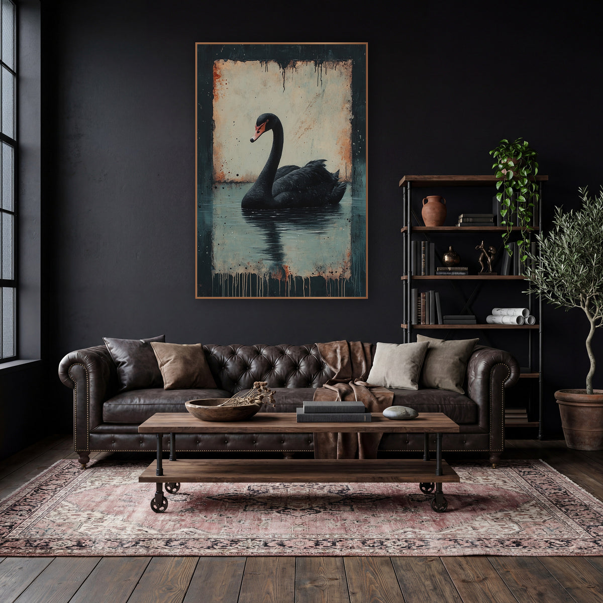 Black Swan Dark Academia Moody wall art in a moody dark academia room – black swan on still water with reflection, set