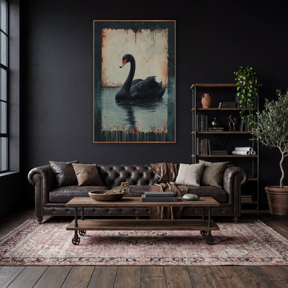 Black Swan Dark Academia Moody wall art in a moody dark academia room – black swan on still water with reflection, set