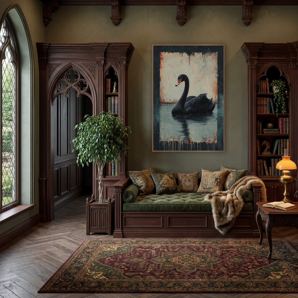 Black Swan Dark Academia Moody wall art in a moody dark academia room – black swan on still water with reflection, set