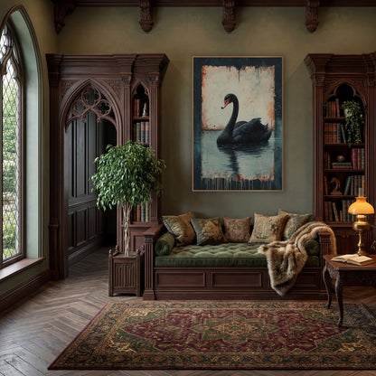 Black Swan Dark Academia Moody wall art in a moody dark academia room – black swan on still water with reflection, set