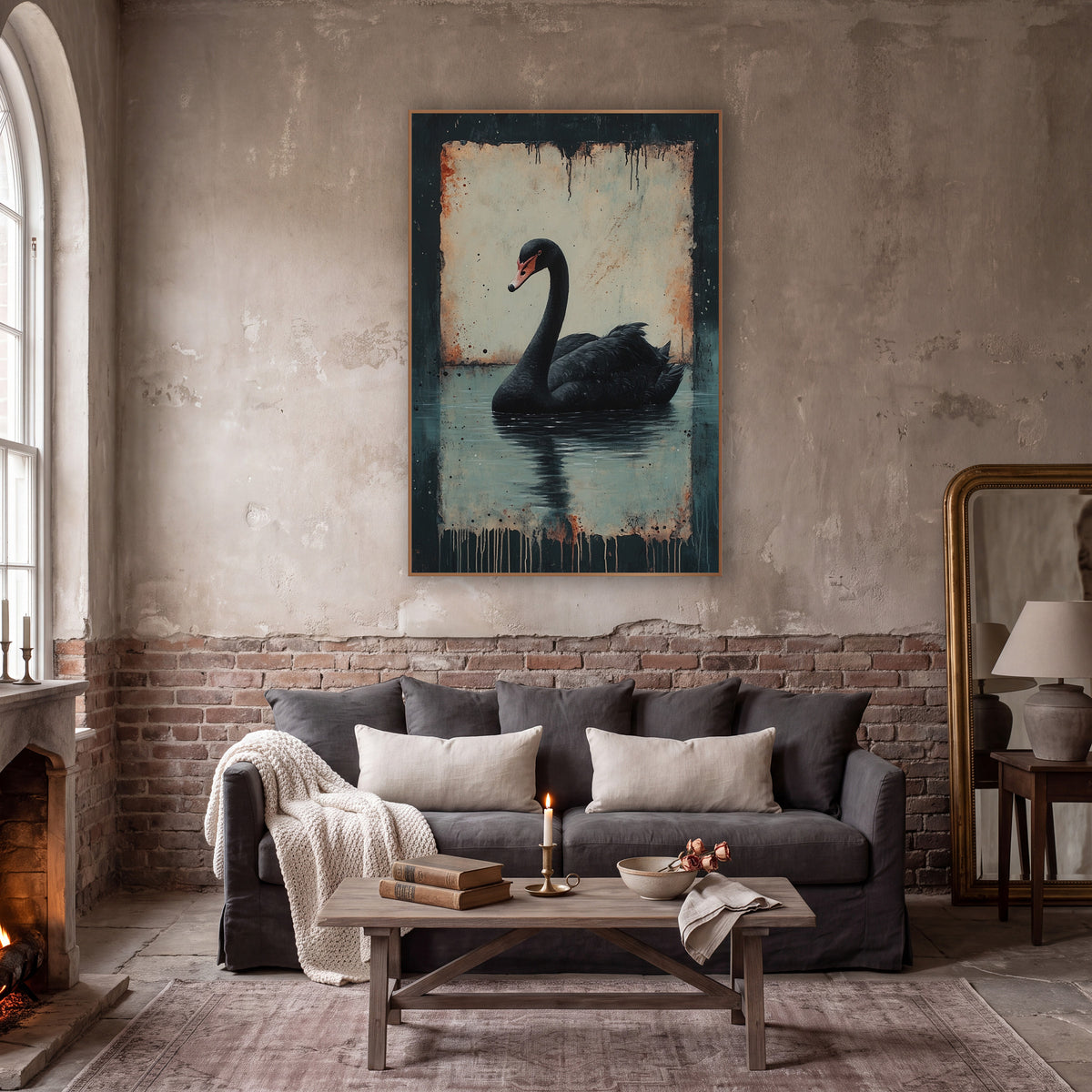 Black Swan Dark Academia Moody wall art in a moody dark academia room – black swan on still water with reflection, set