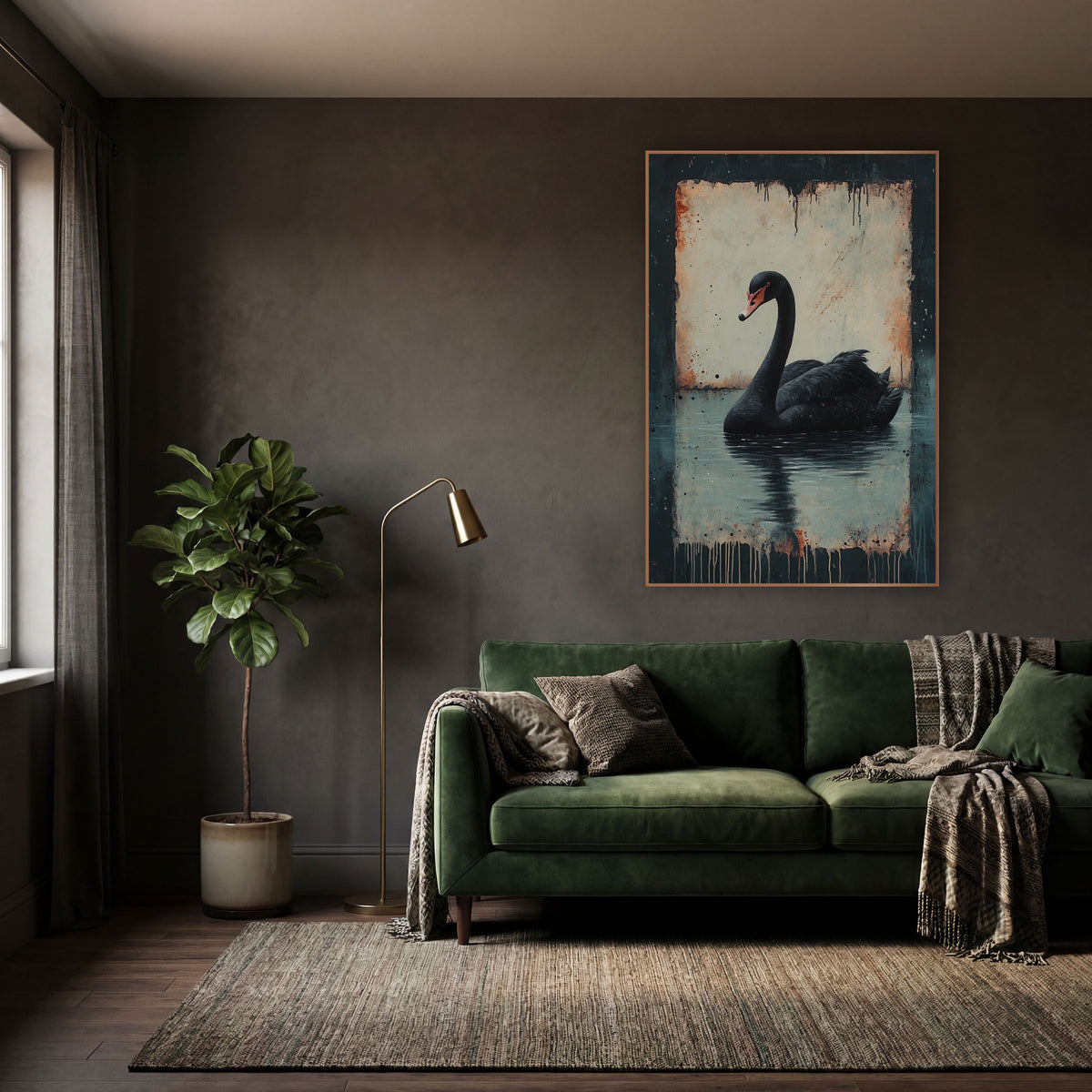 Black Swan Dark Academia Moody wall art in a moody dark academia room – black swan on still water with reflection, set