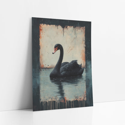 Black Swan Dark Academia Moody art print leaning against a white wall – black swan on still water with reflection, set