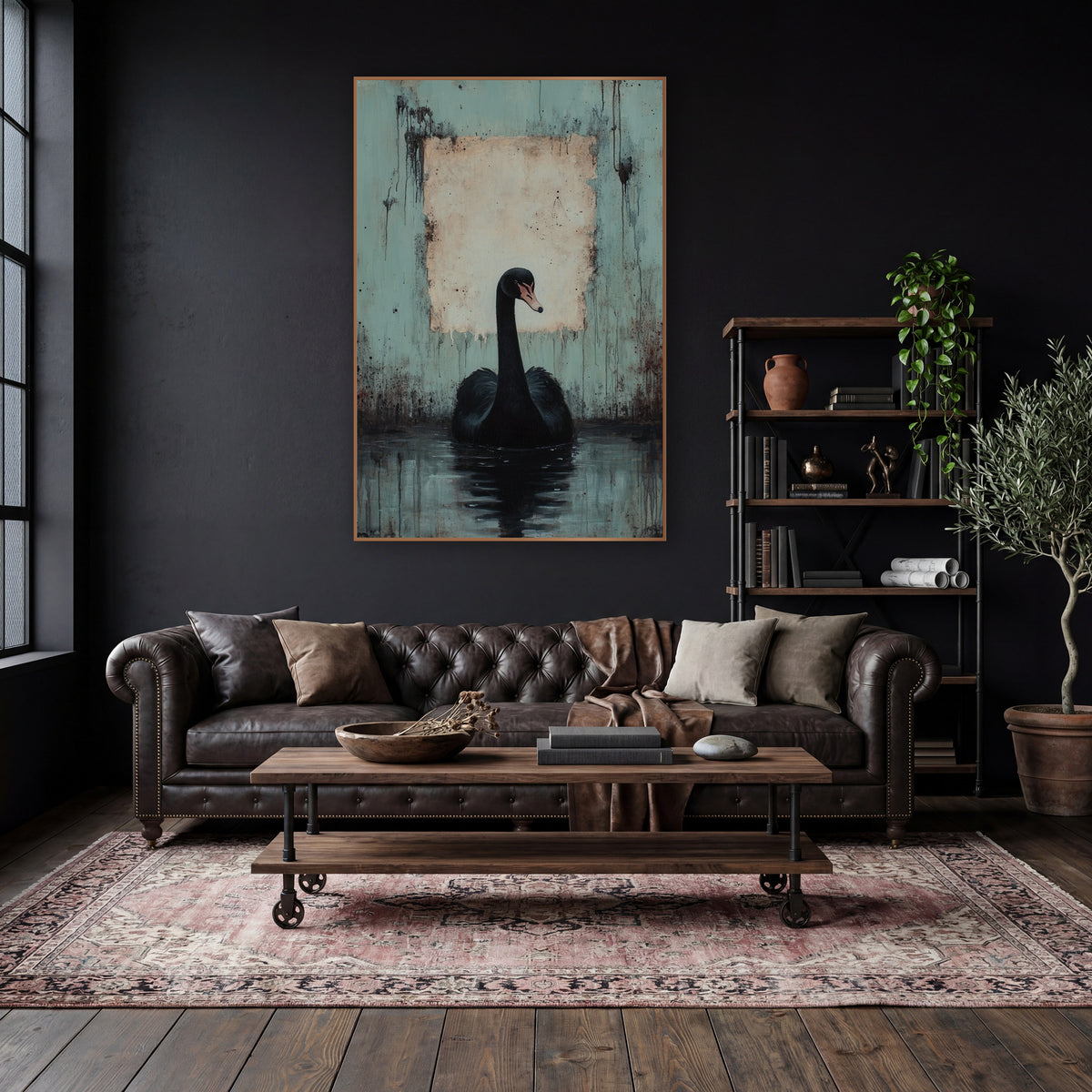 Swan Facing Forward Dark Academia wall art in a moody dark academia room – black swan on dark water before a worn teal