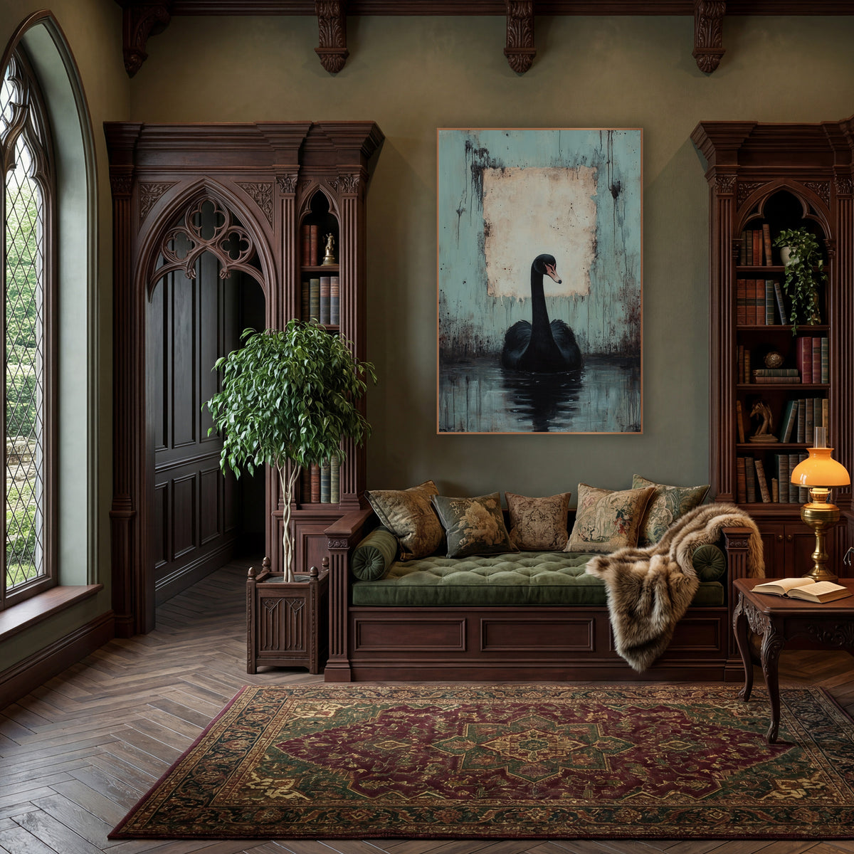Swan Facing Forward Dark Academia wall art in a moody dark academia room – black swan on dark water before a worn teal