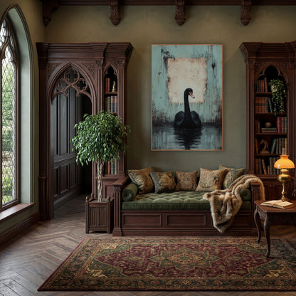 Swan Facing Forward Dark Academia wall art in a moody dark academia room – black swan on dark water before a worn teal