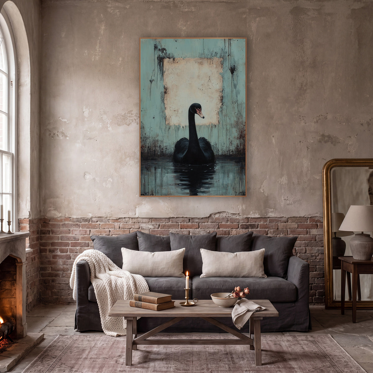 Swan Facing Forward Dark Academia wall art in a moody dark academia room – black swan on dark water before a worn teal