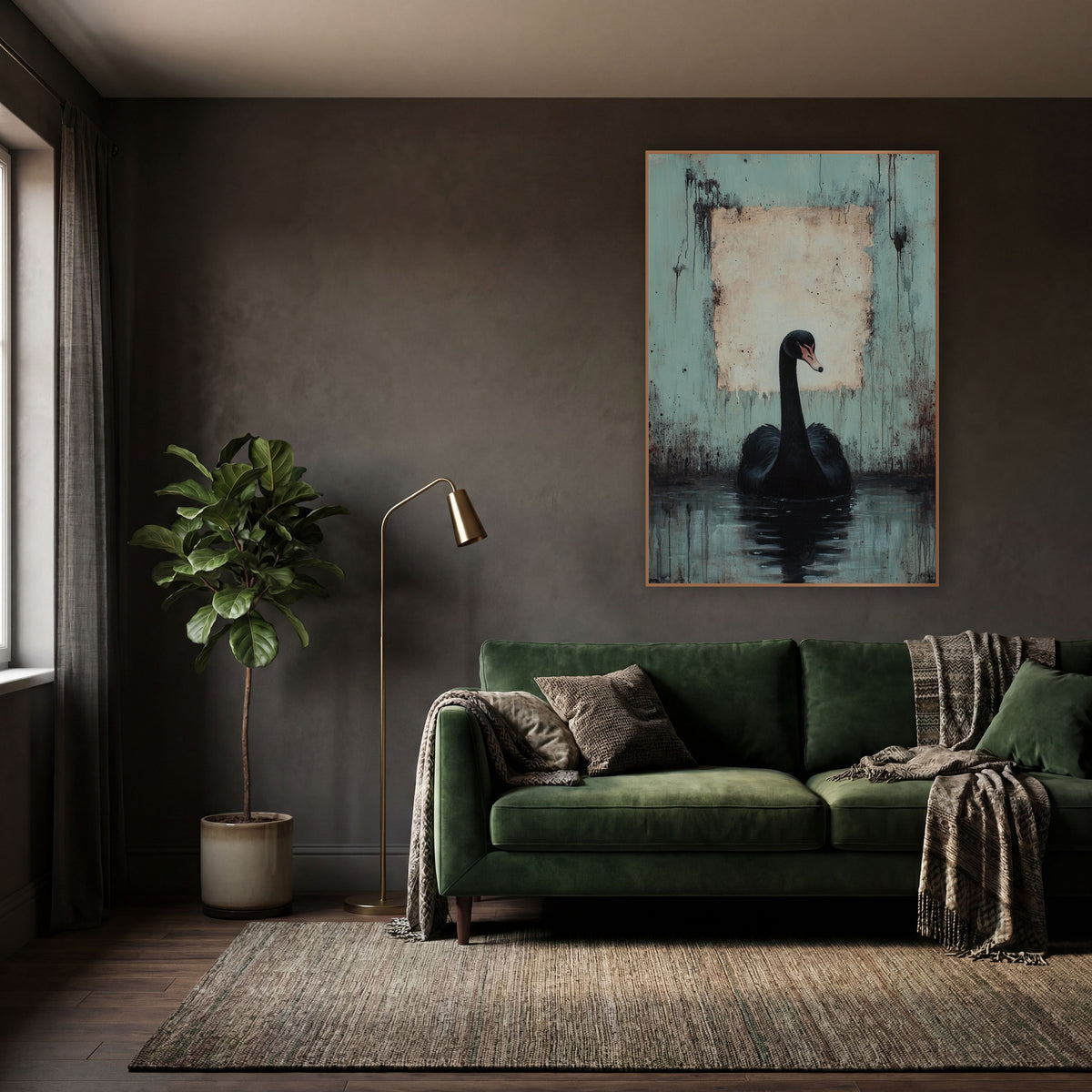 Swan Facing Forward Dark Academia wall art in a moody dark academia room – black swan on dark water before a worn teal