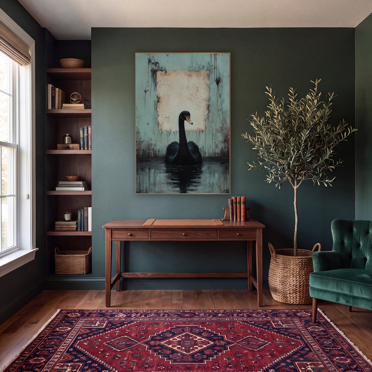 Swan Facing Forward Dark Academia wall art in a moody dark academia room – black swan on dark water before a worn teal