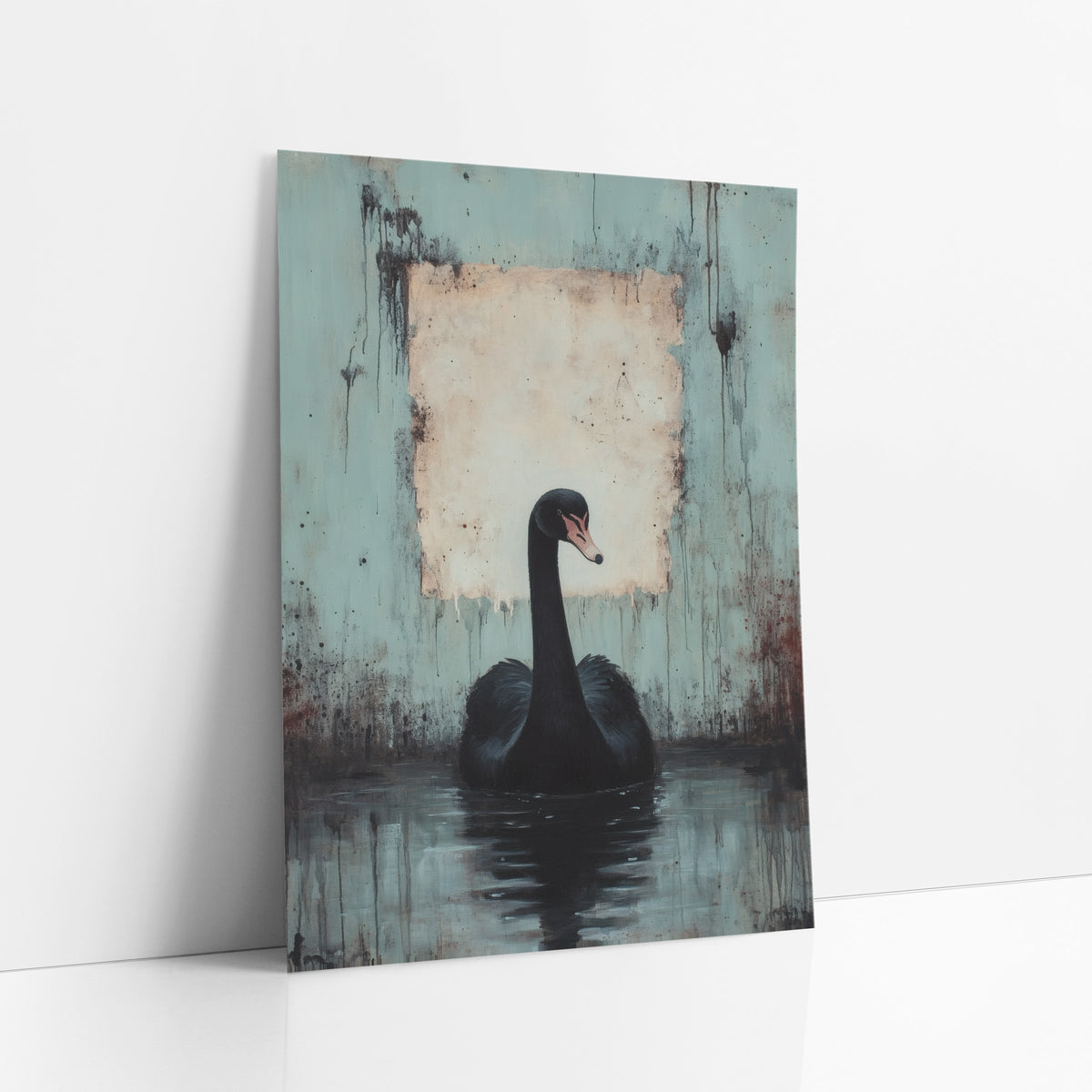 Swan Facing Forward Dark Academia art print leaning against a white wall – black swan on dark water before a worn teal wall