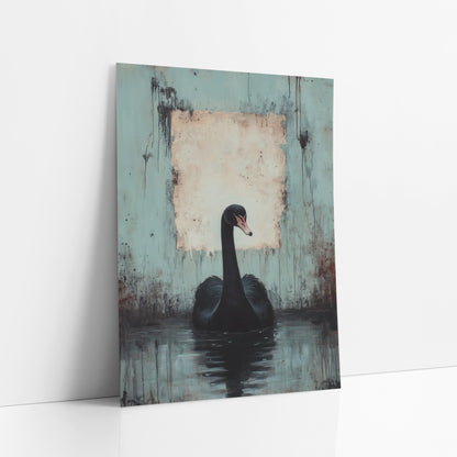 Swan Facing Forward Dark Academia art print leaning against a white wall – black swan on dark water before a worn teal wall